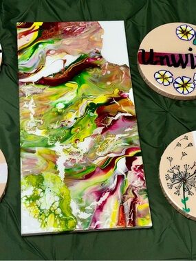 Abstract Fluid Art Canvas in Green, Pink & White